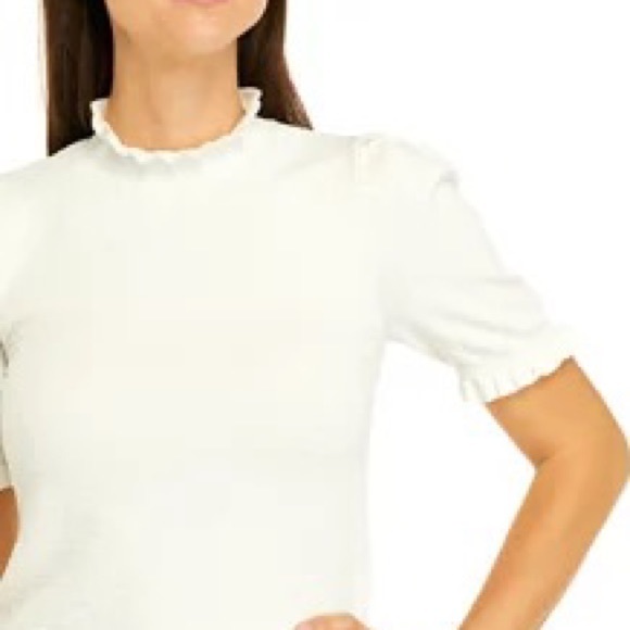 Philosophy Ivory White Pleated Short Sleeve Top Ruffle Knit Sweater - Picture 6 of 12